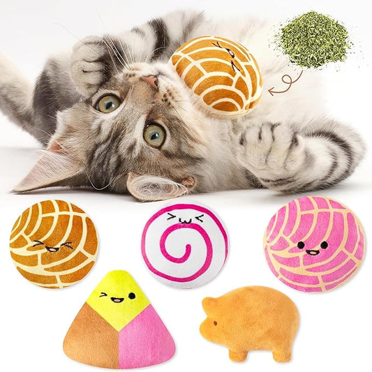 L1rabe Mexican Catnip Stuffed Toys - 5Pcs Summer Gift Mexican Cinco de Mayo Concha Cafecito Pan Dulce Funny Cat Toys for Cat Lovers Gift Indoor Kitten Chew Bite Kick Non-Toxic Pet Supplies Kitten