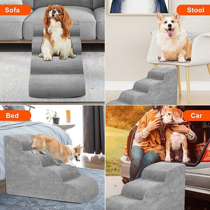 Dog Stairs for Small Dogs, High Density Foam Dog Steps, Extra Wide Non-Slip Pet Ramp for High Beds Or Couch, Soft Doggie Ladder for Dogs Injured, Older Pets, Small Cats (Fleece-Gray, 4 Steps)