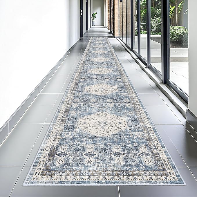 RUUGME Hallway Runner Rug 3x25 - Indoor Extra Long Vintage Non Slip Rugs for Entryway Hall Kitchen Living Room Low Pile Stain Resistant Carpet Durable Home Decor Floor Mat 3'x25' Aqua Blue