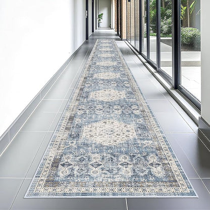 RUUGME Hallway Runner Rug 3x25 - Indoor Extra Long Vintage Non Slip Rugs for Entryway Hall Kitchen Living Room Low Pile Stain Resistant Carpet Durable Home Decor Floor Mat 3'x25' Aqua Blue