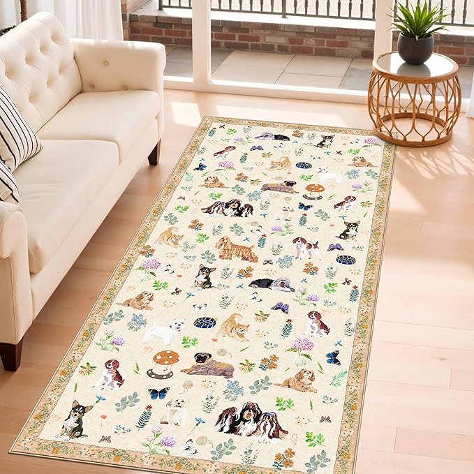 4x8 Washable Kitchen Animal Rug: Cute Dog Printed Rugs with Non-Slip Rubber Backing Soft Floral Carpet for Bedroom Nursery Low-Pile Floor Mat for Entryway Living Room Dining Room(4x8,Beige/Dog