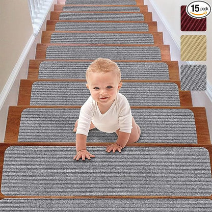 RIOLAND Stair Treads Carpet Non-Slip Indoor 15PCS Stair Runners for Wooden Steps, Stair Rugs for Kids and Dogs, 8" X 30", Light Gray