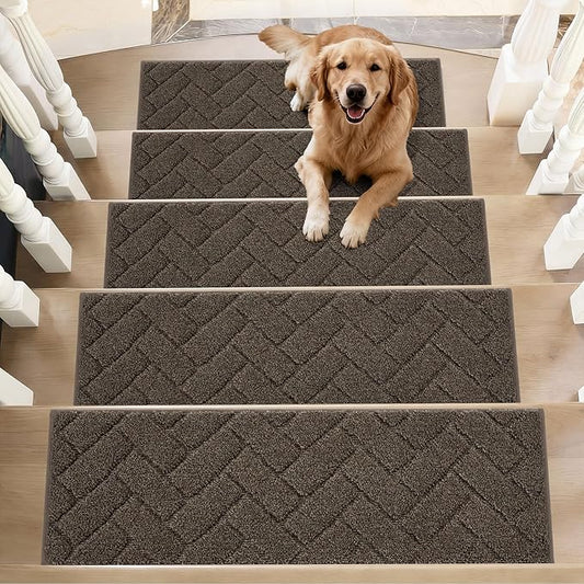 BEQHAUSE Edging Stair Treads for Wooden Steps 9" x 28", Non Slip Carpet Stair Treads Indoor Stair Runners, Soft Stair Rugs, Machine Washable, 100% Polyester, TPE Backing, 15pcs, Brown