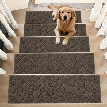 BEQHAUSE Edging Stair Treads for Wooden Steps 9" x 28", Non Slip Carpet Stair Treads Indoor Stair Runners, Soft Stair Rugs, Machine Washable, 100% Polyester, TPE Backing, 4pcs, Brown