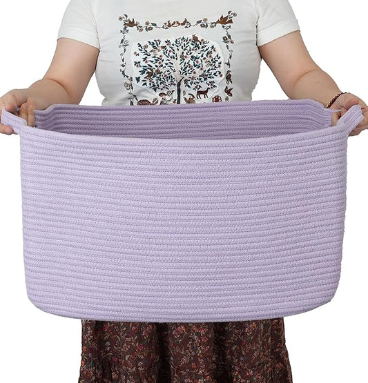 Large Rectangle Blankets Basket Living Room 22"x17"x12" Woven Cotton Rope Storage Baskets for Nursery Toy Basket for Kids Wicker Laundry Baskets Bin for Clothes Towels purple or Lavendor