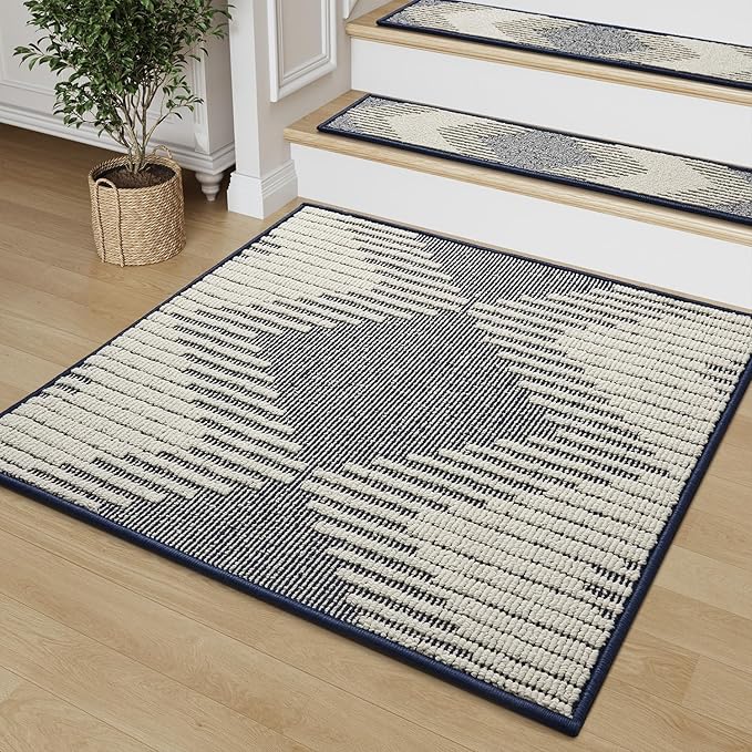 PADOOR Stair Treads Landing Mat Non Slip for Wooden Steps Indoor, 3D Peel and Stick Stair-Carpet Treads Washable Reusable Adhesive Stair Rugs for Kids and Dogs 31"x31" Blue