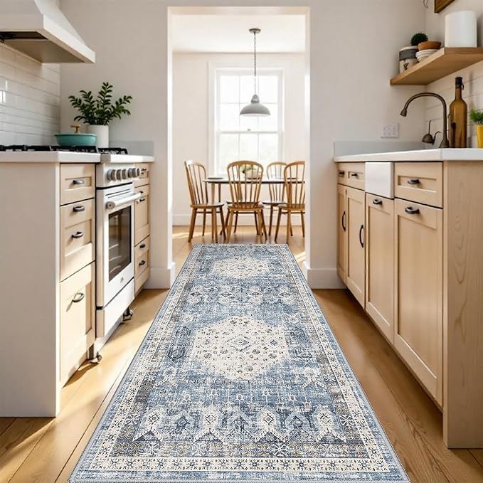 RUUGME Washable 4x10 Runner Rug - Vintage Hallway Kitchen Rugs with Non Slip Backing Low Pile Stain Resistant Carpets Indoor Ultra Soft Light Weight Rug Floor Decoration Mat 4'x10' Aqua Blue