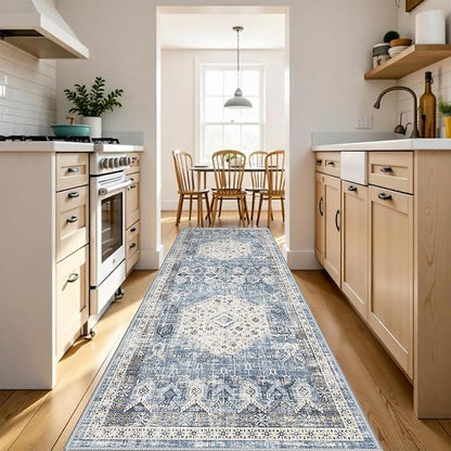 RUUGME Washable 4x10 Runner Rug - Vintage Hallway Kitchen Rugs with Non Slip Backing Low Pile Stain Resistant Carpets Indoor Ultra Soft Light Weight Rug Floor Decoration Mat 4'x10' Aqua Blue