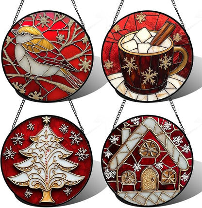 Stained Glass Window Hanging 4 Pcs Set Red Christmas Themed Decorations 7.8" - Suncatcher Door Garden Sun Catcher Decor Birthday New Year for Mom Woman Nana Men