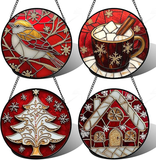 Stained Glass Window Hanging 4 Pcs Set Red Christmas Themed Decorations 7.8" - Suncatcher Door Garden Sun Catcher Decor Birthday New Year for Mom Woman Nana Men