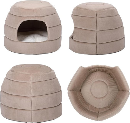 BIRDROCK HOME 2 in 1 Pet Bed for Cats or Small Dogs - Cozy Cat Cave or Plush Dog Bed - Indoor Teepee House for Pets (15 Inch Wide, Beige)