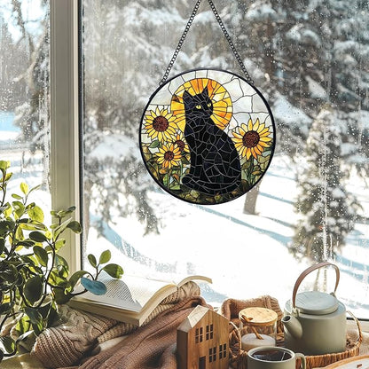 Black Cat Sunflower Stained Glass Window Hanging Suncatchers, Sunflower Flower Black Cat Sun Catchers Indoor Window Glass Wall Art Decor, Floral Wall Hanging Decorations Sculptures, 7.9x7.9in