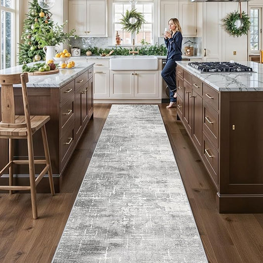 2'6x14 Abstract Kitchen Area Rugs: Farmhouse Washable Non-Slip Long Hallway Rug Soft Stain-Resistant Entryway Bathroom Floor Mat Low-Pile Nursery Living Room Bedroom Carpet(2'6x14,Light/Grey)