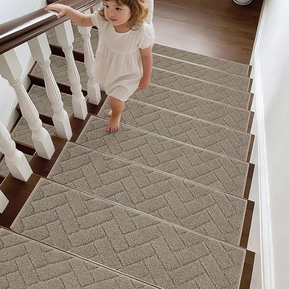 BEQHAUSE Edging Stair Treads for Wooden Steps 9" x 28", Non Slip Carpet Stair Treads Indoor Stair Runners, Soft Stair Rugs, Machine Washable, 100% Polyester, TPE Backing, 4pcs, Beige