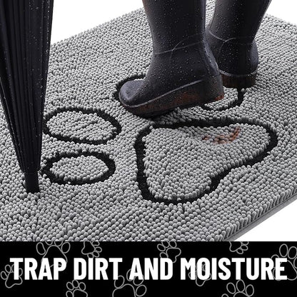 Smiry 2 Piece Dog Door Mat for Muddy Paws, Absorbent Dirt Trapper Non Slip Quick Dry Washable Chenille Mat for Mud Dogs, Entry Rug for Indoor and Outdoor (24x16 Inches, Grey)