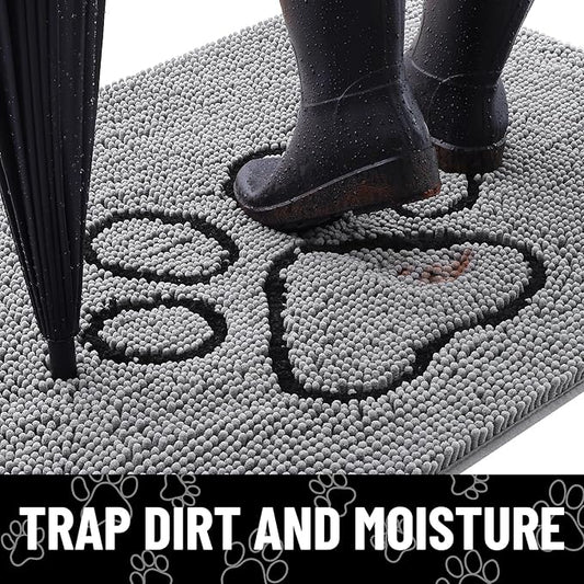 Smiry 2 Piece Dog Door Mat for Muddy Paws, Absorbent Dirt Trapper Non Slip Quick Dry Washable Chenille Mat for Mud Dogs, Entry Rug for Indoor and Outdoor (24x16 Inches, Grey)