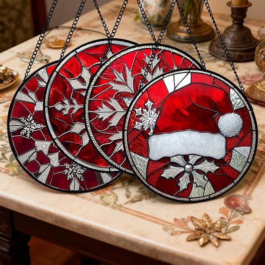 Stained Glass Window Hanging 4 Pcs Set Red Christmas Decorations Theme 9.8" - Suncatcher Door Garden Sun Catcher Decor Birthday for Mom Woman Nana Men Friend Wife