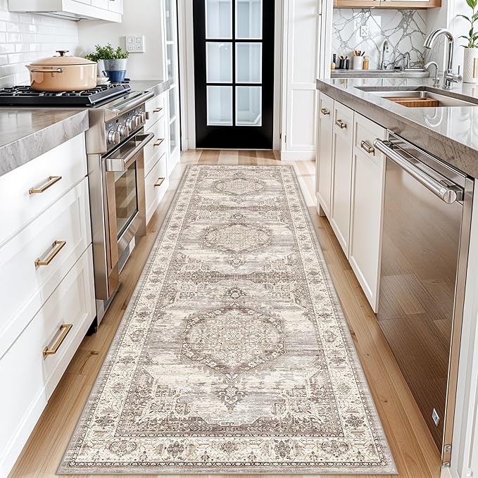 3x12 Long Hallway Runner Rugs : Machine Washable Non-Slip Ktichen Runners Vintage Indoor Soft Table Runners for Bedroom Living Room Thin Carpet for Dining Room Entranway (Beige,3x12)
