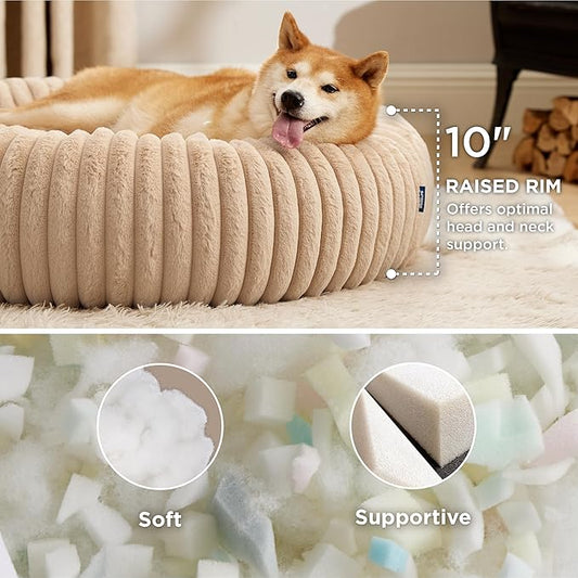 Bedsure ComfyFleece™ Donut Large Dog Bed - Washable Faux Fur with Corduroy Fleece & Anti Slip Bottom, Round Pet Bed with Removable Cover, Sandy Beige, 36x36x8 inches