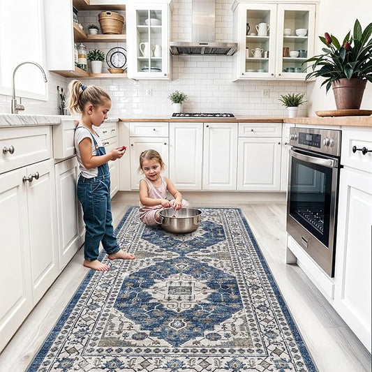 Washable 4x8 Hallway Runner Rug: Vintage 8ft Soft Runners for Entry Kitchen Wide Low Pile Carpet with Non-Slip Backing for Living Room Bedroom Thin Bathroom Carpet for Dining Room Foyer（4x8,Blue