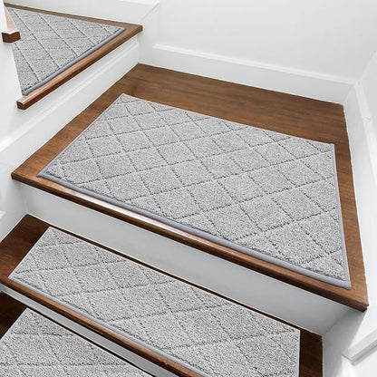 COSY HOMEER Edging Stair Treads Non-Slip Corner Indoor Stair Runners for Wooden Steps,Landing Slip Resistant Stair Rugs for Kids and Dogs, 100% Polyester TPE Backing,Grey,20"X32"