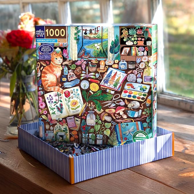 eeBoo 1000 Piece Puzzle - Naturalist’s Cat Jigsaw Puzzle for Adults, Square 23" x 23" Made with Recycled Board & Vegetable-Based Ink