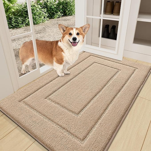 Smiry Dog Door Mat for Muddy Paws, Absorbs Moisture and Dirt, Low-Profile Entryway Mat with Non-Slip Backing, Entry Indoor Outdoor Doormat for Inside Floor (36x24 Inches, Beige, Bordered)