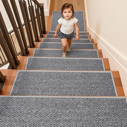 Carpet Stair Treads Non Slip - 28 Pack 8" x 30" Peel and Stick Stairs Tread for Wooden Steps Washable Stair Runners Rug Stain Resistant Edging Staircase Mat for Kids and Dogs(28pc, Grey)
