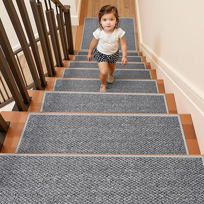 Carpet Stair Treads Non Slip - 28 Pack 8" x 30" Peel and Stick Stairs Tread for Wooden Steps Washable Stair Runners Rug Stain Resistant Edging Staircase Mat for Kids and Dogs(28pc, Grey)