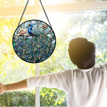 Stained Glass Window Hanging, Blue Peacock Decoration Suncatcher for Door Garden Home Flower Bird Sun Catchers Christmas Mother's Day Birthday Gifts for Women Men Mom Nana Friend 6.3 in