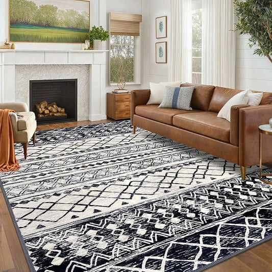 KUTA 6x9 Boho Area Rug for Living Room, Moroccan Washable Kitchen Rugs Non Slip, Black Navy Blue Ultra Soft Print Geometric Low-Pile Throw Carpet for Bedroom Nursery Dorm Decor