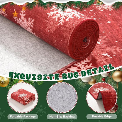 2x6 Runner Rug Non Slip for Entrance, Washable Christmas Kitchen Rugs, Ultra-Thin Snowflake Bathroom Rug Runner, Soft Red and White Christmas Decor Indoor(2'x6', Red/White)