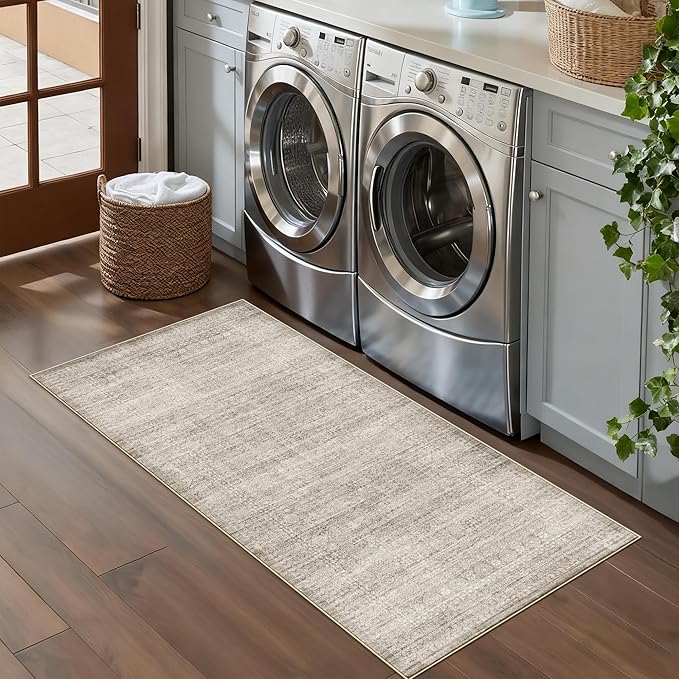 2x5 Abstract Kitchen Runner Rug: Non-Slip Thin Entryway Carpet Soft Hallway Bedroom Beside Floor Mat Neutral Easy-Clean Mat Washable Water Resistant Rug for Bathroom Low-Pile Doormat(Beige/Ivory,2x5)