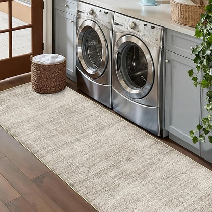 Washable Non-Slip 2x8 Kitchen Rug: Low-Pile Stain-Resistant Entryway Area Rug Indoor Low Pile Hallway Runner Rug Ultra Soft Bedroom Carpet Bathroom Dining Room Living Room Floor Mat(2x8,Beige/Ivory)