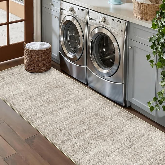 Washable Non-Slip 2x8 Kitchen Rug: Low-Pile Stain-Resistant Entryway Area Rug Indoor Low Pile Hallway Runner Rug Ultra Soft Bedroom Carpet Bathroom Dining Room Living Room Floor Mat(2x8,Beige/Ivory)