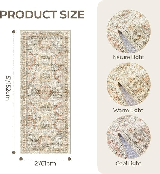2x5 Rug Runner Washable for Entryway, Soft Bathroom Rugs with Non-Slip Backing, Abstract Low Pile Hallway Runner, Vintage Small Kitchen Carpet for Stair, Laundry Room(2'x5', Brown/Pink)