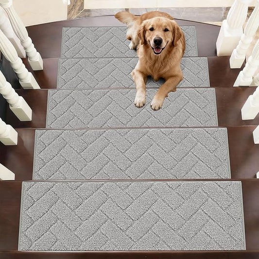 BEQHAUSE Edging Stair Treads for Wooden Steps 9" x 28", Non Slip Carpet Stair Treads Indoor Stair Runners, Soft Stair Rugs, Machine Washable, 100% Polyester, TPE Backing, 15pcs, Grey