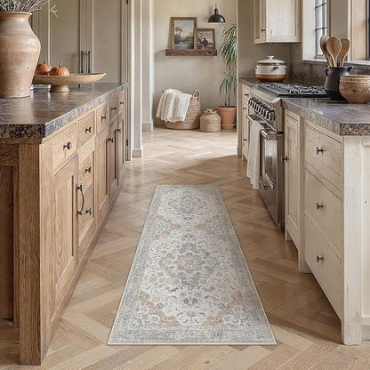 Taup Runner Rug 2x6 Washable Vintage Long Carpet Low Pile Traditional Distressed Retro Accent Indoor Hallway Throw Rug Non Slip for Kitchen Laundry Bathroom Dining Room