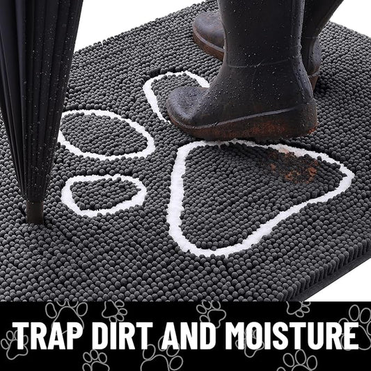 Smiry 2 Piece Dog Door Mat for Muddy Paws, Absorbent Dirt Trapper Non Slip Quick Dry Washable Chenille Mat for Mud Dogs, Entry Rug for Indoor and Outdoor (30x20 Inches, Dark Grey)