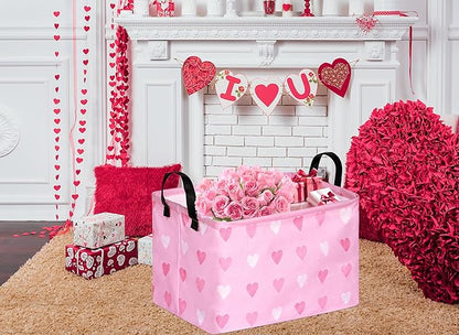 Valentine's Day Gift Basket Pink Heart Print Box Hamper Storage Basket Collapsible Organizer Bin Gift Shelf Baskets for Home and Kitchen Storage
