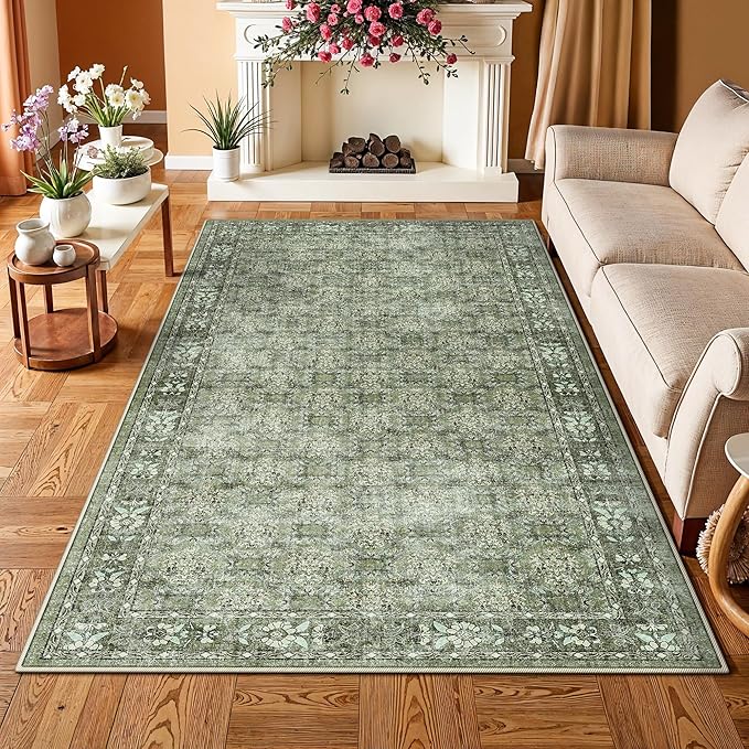 Washable 4x8 Hallway Runner Rug: Vintage Soft Carpet for Living Room Entryway Non-Slip Water Resistant Thin Kitchen Floor Mat Wide Ultra Soft Area Rug for Bedroom Bathroom Dining Room(Green,4x8)