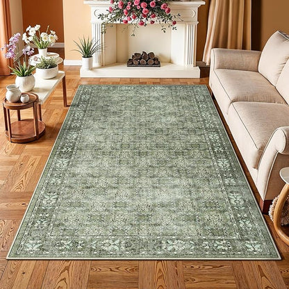 Washable 4x8 Hallway Runner Rug: Vintage Soft Carpet for Living Room Entryway Non-Slip Water Resistant Thin Kitchen Floor Mat Wide Ultra Soft Area Rug for Bedroom Bathroom Dining Room(Green,4x8)