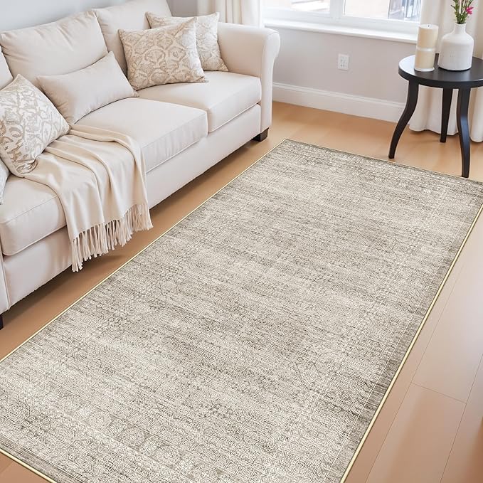 4x8 Washable Kitchen Area Rug: Farmhouse Stain-Resistant Abstract Rug for Living Room Bedroom Wide Soft Carpet for Entryway Dining Room Thin Hallway Floor Mat with Non Slip Backing(4x8,Beige/Ivory)