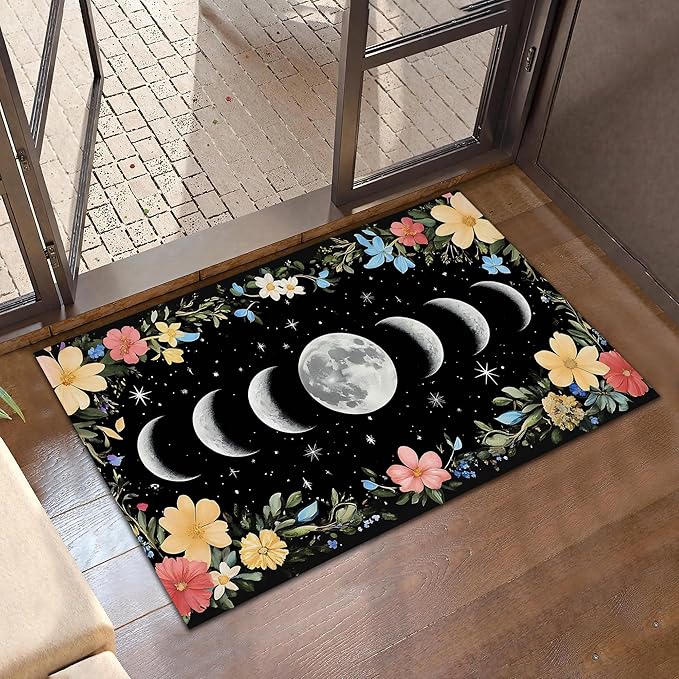 Vintage Moon Phase Welcome Mat,Rustic Flowers Indoor Rugs for Entryway,Anti-Slip Low Profile Doormats Porch Mats for Front Door Stairway Rug Living Room Floor Mat 30 x 17 Inch