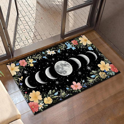 Vintage Moon Phase Welcome Mat,Rustic Flowers Indoor Rugs for Entryway,Anti-Slip Low Profile Doormats Porch Mats for Front Door Stairway Rug Living Room Floor Mat 30 x 17 Inch