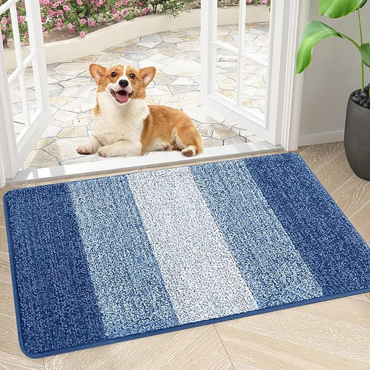 Smiry Dog Door Mat for Muddy Paws, Absorbs Moisture and Dirt, Low-Profile Entryway Mat with Non-Slip Backing, Entry Indoor Outdoor Doormat for Inside Floor (30x17 Inches, Navy Blue, Striped)