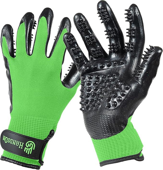 H HandsOn Pet Grooming Gloves - Patented #1 Ranked, Award Winning Shedding, Bathing, & Hair Remover Gloves - Gentle Brush for Cats, Dogs, and Horses (Green, X-Large)
