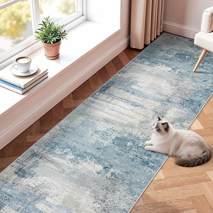 2.6x14 Extra Long Runner Rug Grey Abstract: Washable Non-Slip Carpet for Hallways - Soft Low-Pile Thin Indoor Runner for Long Spaces 2.6x14 Blue