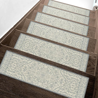 Non Slip Stair Treads for Wooden Steps 15PCS - 8"x30" Indoor Safety Carpet, Edging Mats with TPE Adhesive Backing, Pet and Elderly Friendly Stair Rugs (Beige Line)