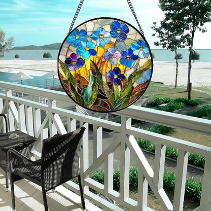 Stained Glass Window Hanging - Blue Wildflower Plant Flowers Sun Catcher for Door Garden Home Decor Suncatcher Christmas Mother's Day Birthday Gifts for Women Men Mom Nana 6.3 in